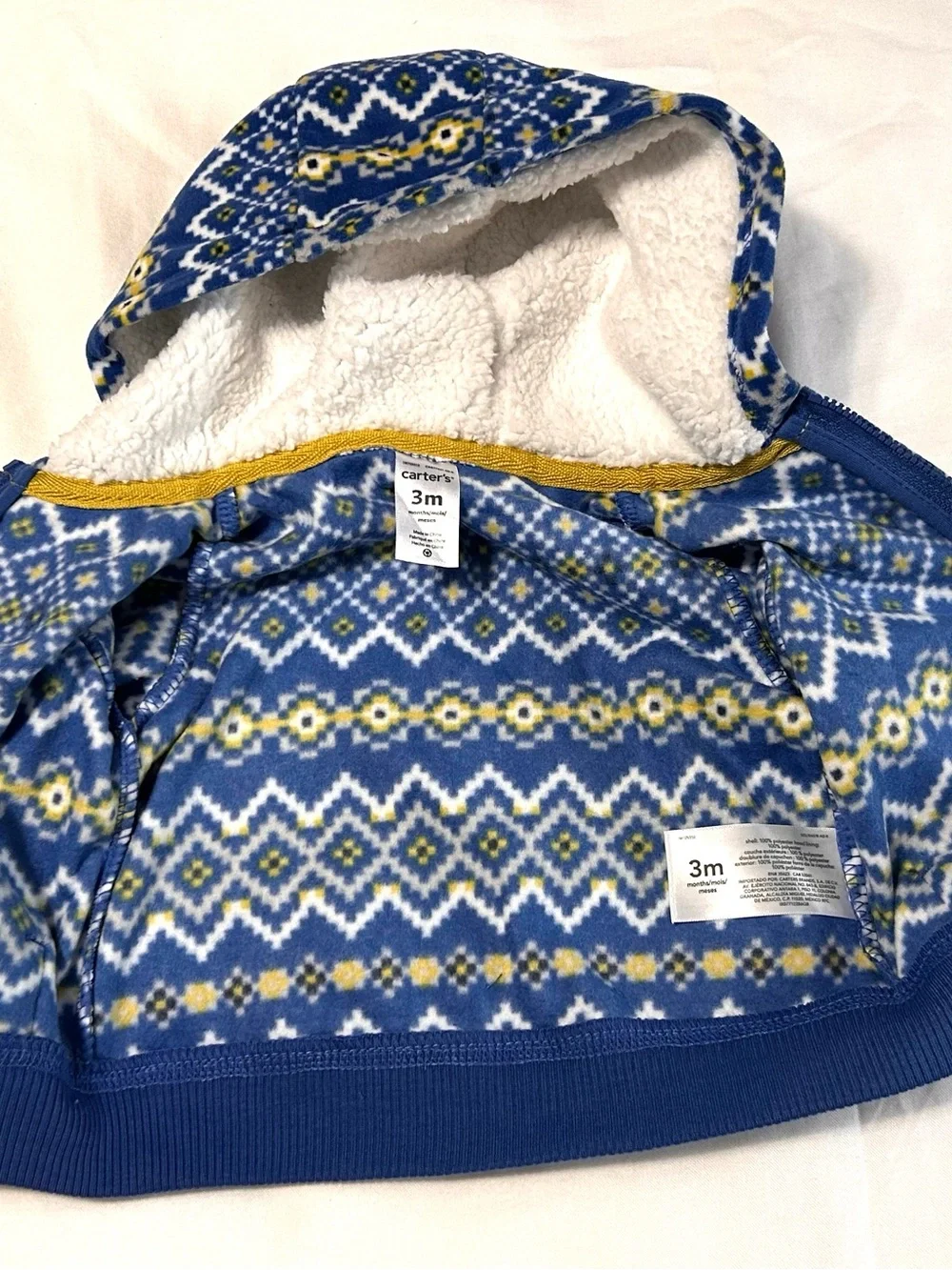 3 month Baby Carter's Blue Patterned Hooded Fleece Jacket with Sherpa Hood NWT